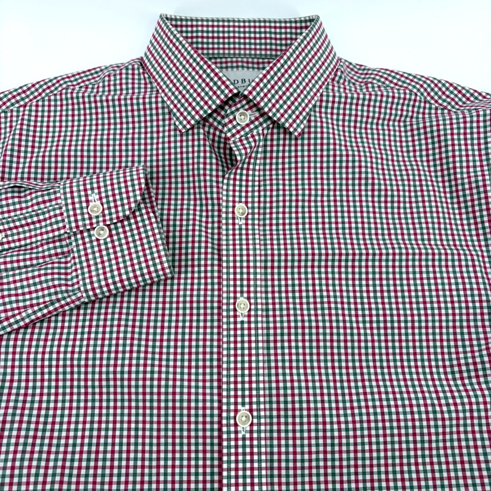 Ledbury Mens Classic Fit Gingham Button Down Shirt Green Burgundy‎ 16.5 L